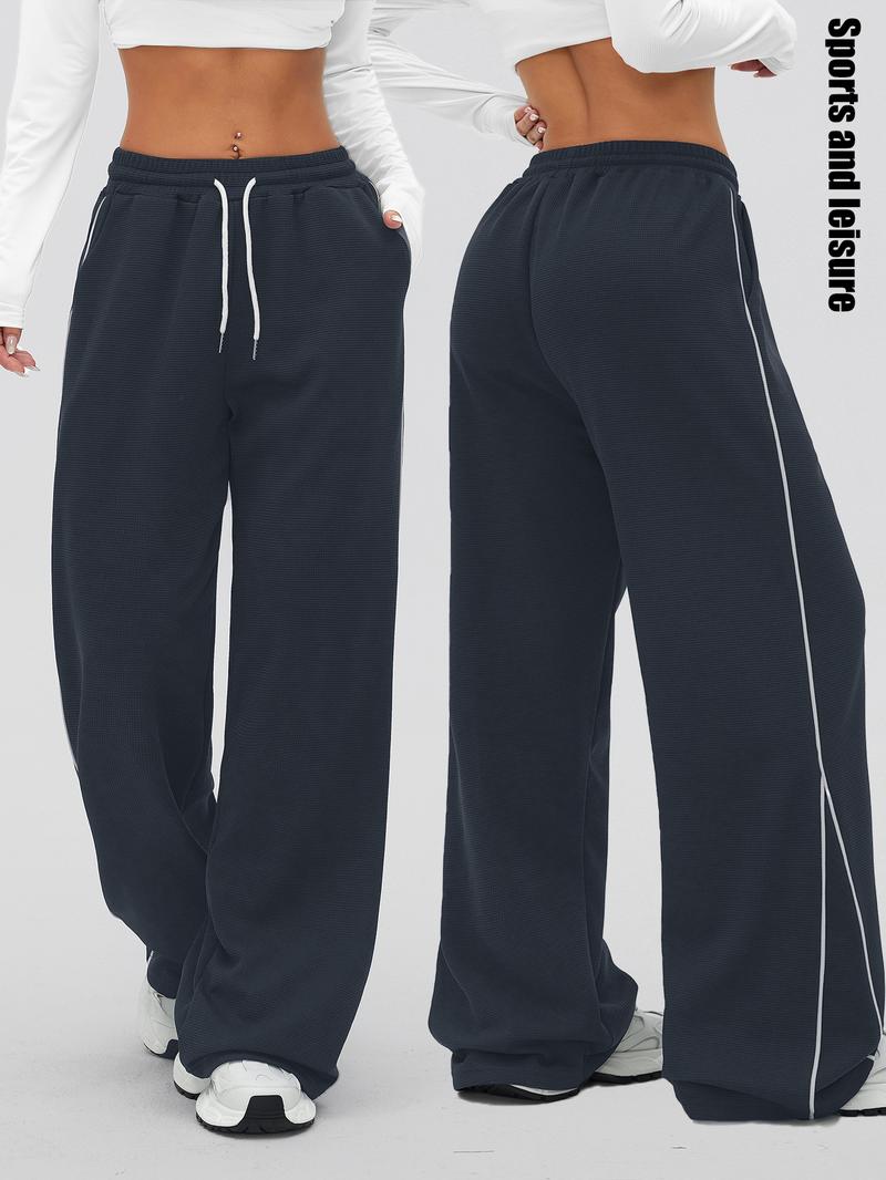 Women's Waffle Knit Jogger Pants, Loose Fit Straight Leg with Side Color Block Design, Pocket Detail, Outdoor & Gym Wear