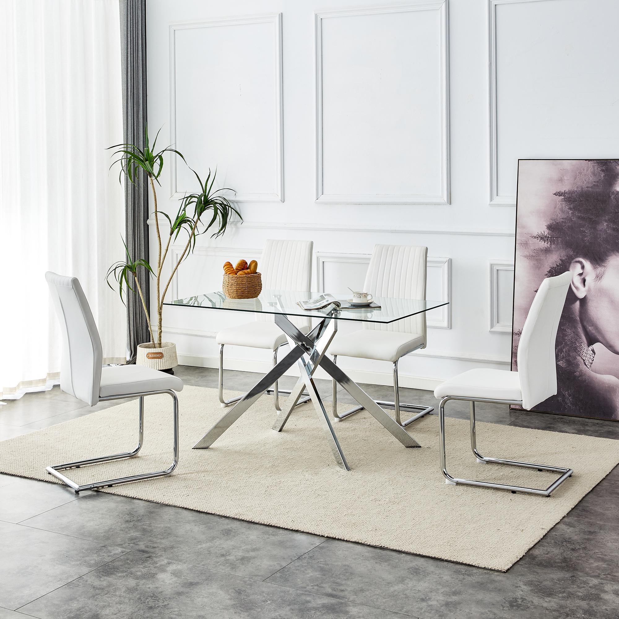 51.18" Rectangular Clear Tempered Glass Dining Table,Stylish Design with Silver Chrome Plated Metal Legs, Furniture Home Decor