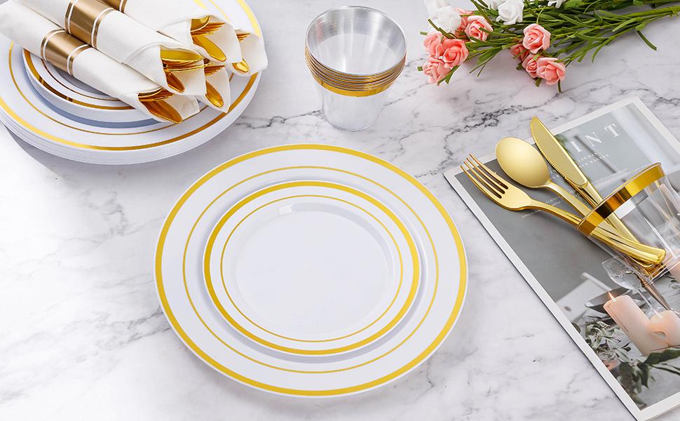 GOODLUCK 350PCS Gold Disposable Dinnerware Set for 50 Guests Includes 50 Plates Napkins Silverware & Cups Perfect for Weddings Parties Christmas & Baby Showers GOODLUCK 350PCS Gold Disposable Dinnerware Set for 50 Guests Includes 50 Plates Napkins Silverware & Cups Perfect for Weddings Parties Christmas & Baby Showers
