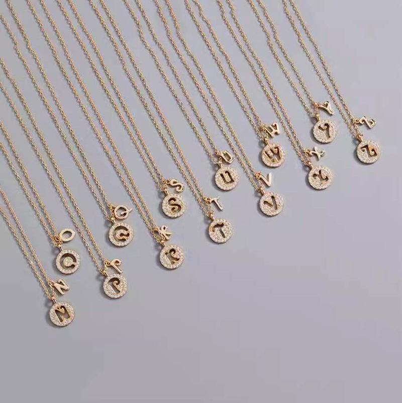 Hollow round zircon 26 English letters necklace for girls alloy pendant jewelry