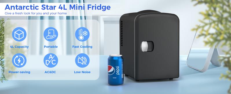 Antarctic Star Compact Refrigerator, Portable Mini Fridge, 4L Capacity/6 Cans,12oz, Portable Small Refrigerator for Cosmetics, Skin Care and Food , Ideal for Bedroom, Car, Office & Dorm,100% Freon-Free & Eco Friendly