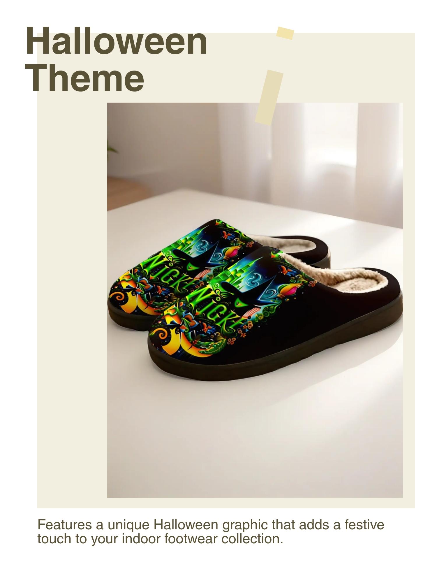 Halloween Graphic Plush Slippers 1 Pair | Dark Art Style | Warm Fleece Lined Anti-Slip Sole | Unisex Cozy Indoor Winter Wear