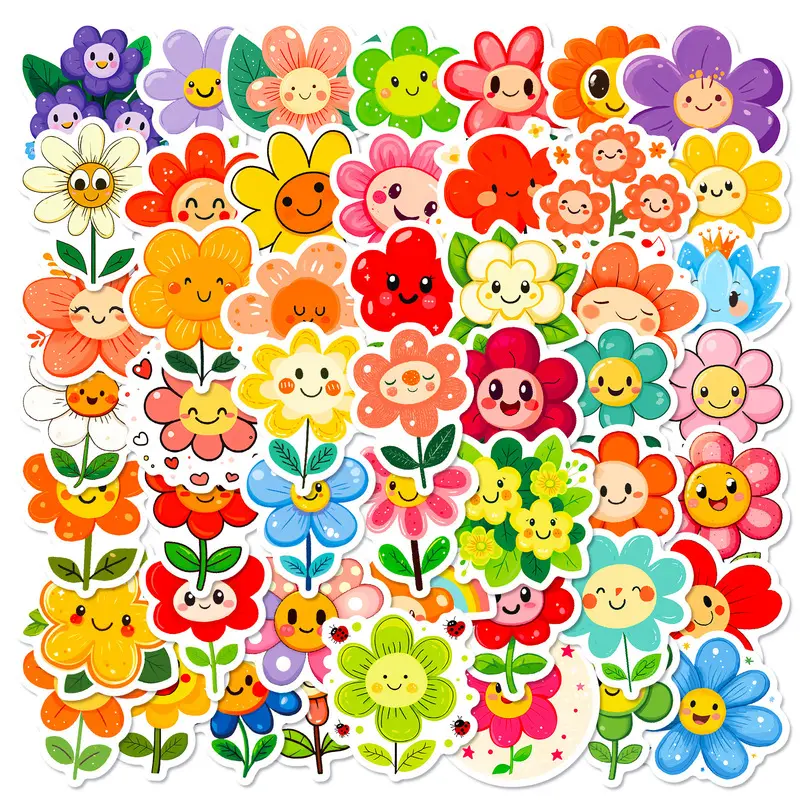 50 Cartoon Colorful Sunflower Stickers Cute Smiley Face Flower Reward Stickers