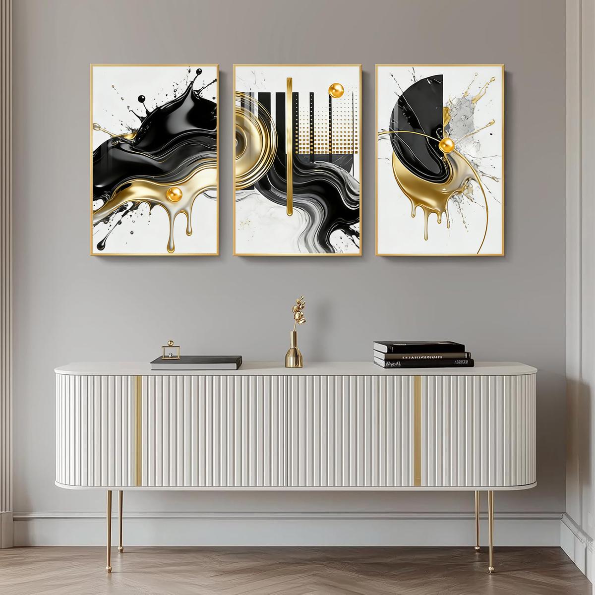 3 Counts Aluminum Alloy Framed Painting, Abstract Black And Gold Fluid Art Pictures, Home Decoration For Living Room, Bedroom, Office, Restaurant, Hallway Wall Decor, Odorless Print Artwork, Luxury Perfect Gift For Friends And Family