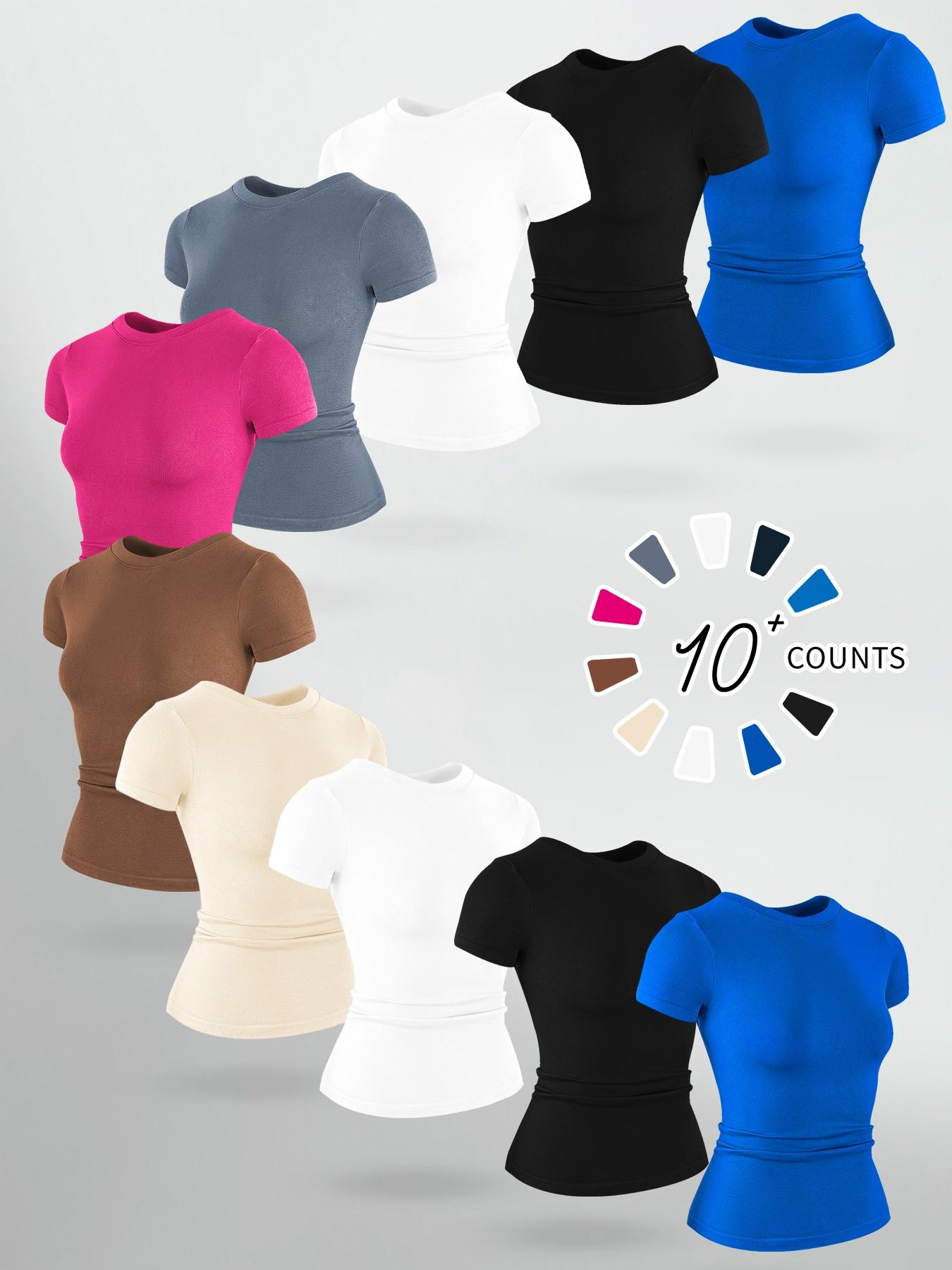 Women's Round Neck Short Sleeve Stretchy Soft Fitted Yoga Pilates Casual Wear, Comfortable Elastic Fabric Design, Ideal for Daily Use