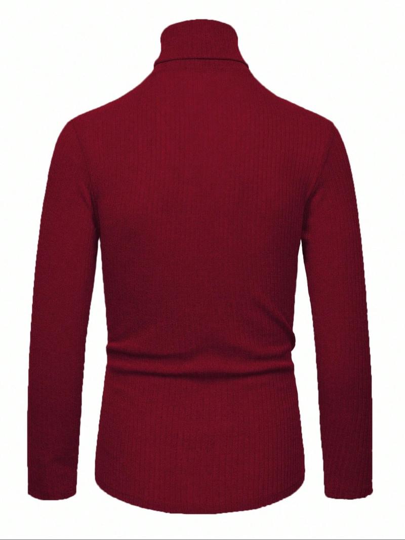 Men's High Neck Pullover Sweater, Solid Color Striped Long Sleeve T-Shirt, Casual Fitted Fit for Fall & Winter Seasons