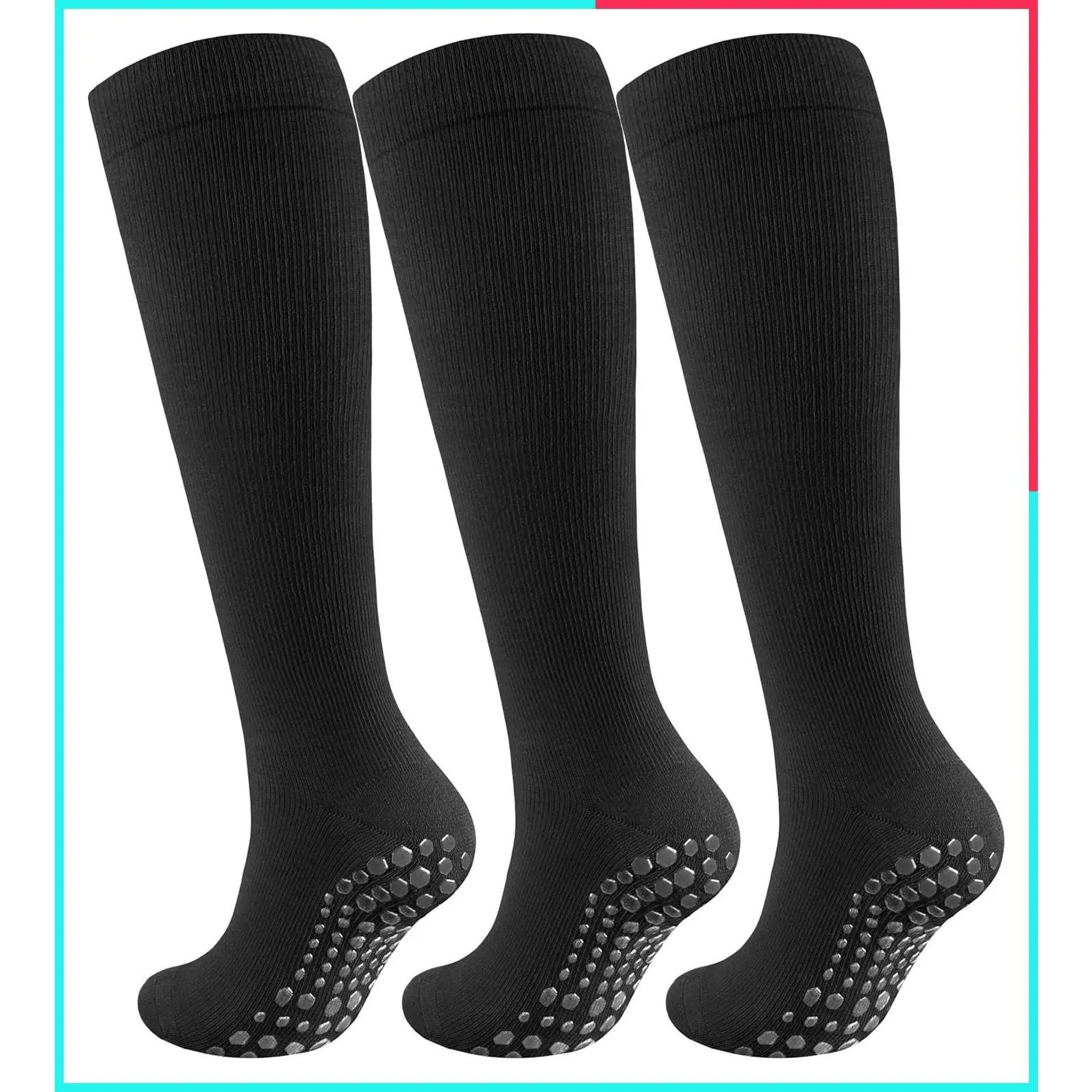 Cotton Compression Socks for Women & Men with Non-Slip Grips, 15-20mmHg Knee-High Graduated Support for Nurses, Pregnancy & Yoga
