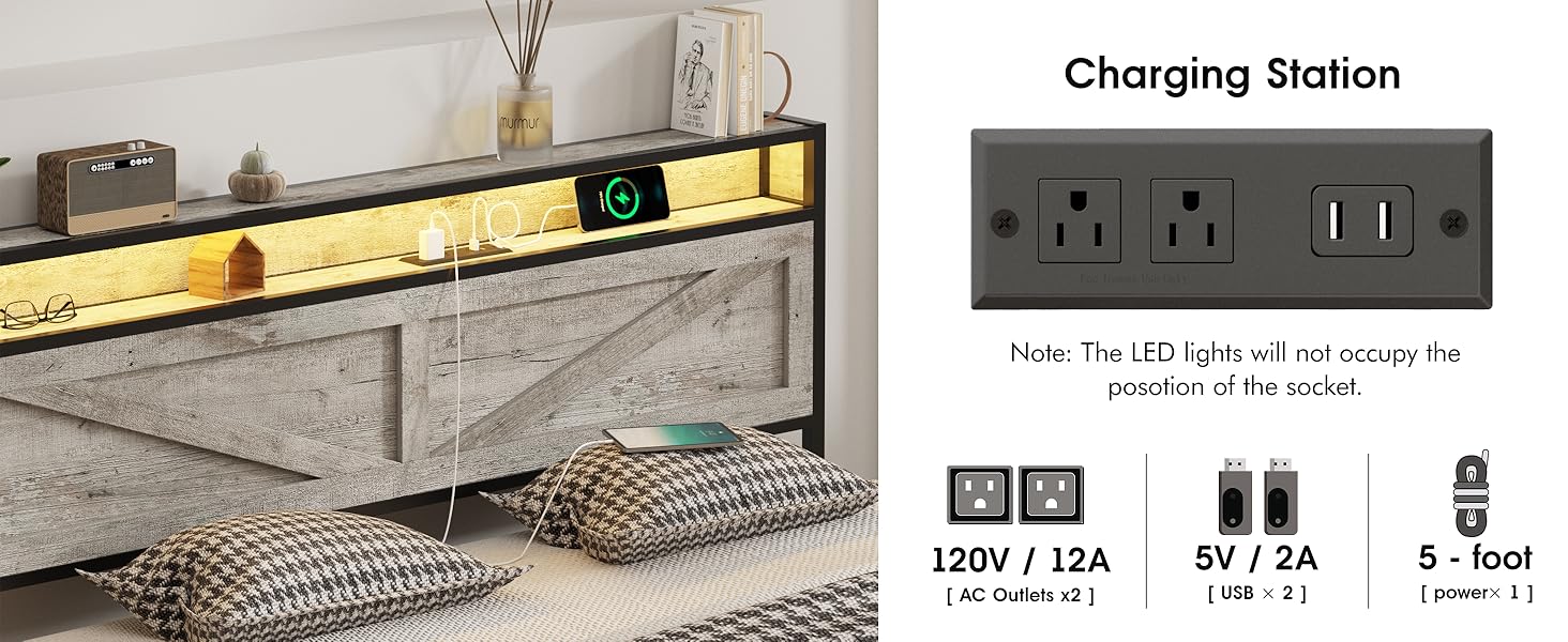 Vabches LED Bed Frame with Charging Station, Platform Metal Headboard Storage & USB Ports Outlets, Farmhouse Lights for Bedroom, Noise Free