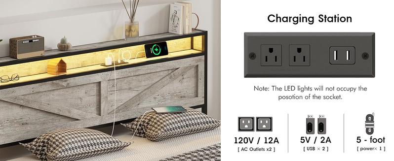 Vabches LED Bed Frame with Charging Station, Platform Metal Headboard Storage & USB Ports Outlets, Farmhouse Lights for Bedroom, Noise Free