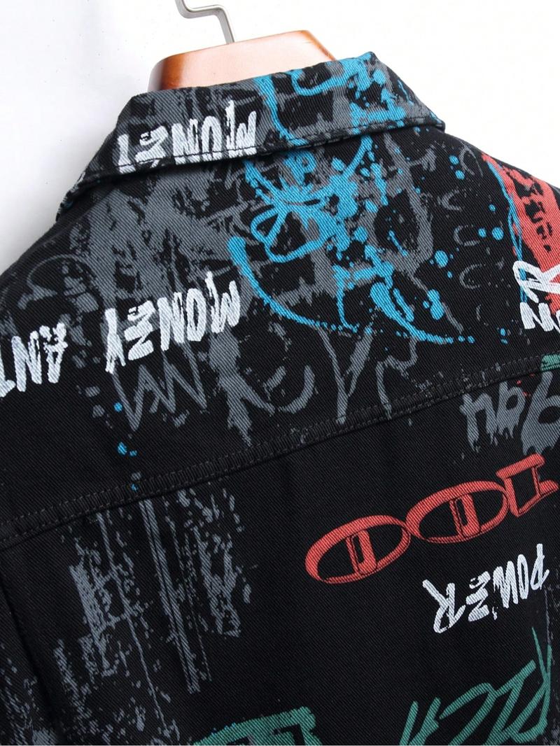 Men's Graffiti Letter Print Denim Jacket, Loose Casual Street Comfy Long Sleeve Outerwear for Daily Wear, Menswear for All Seasons, Coats