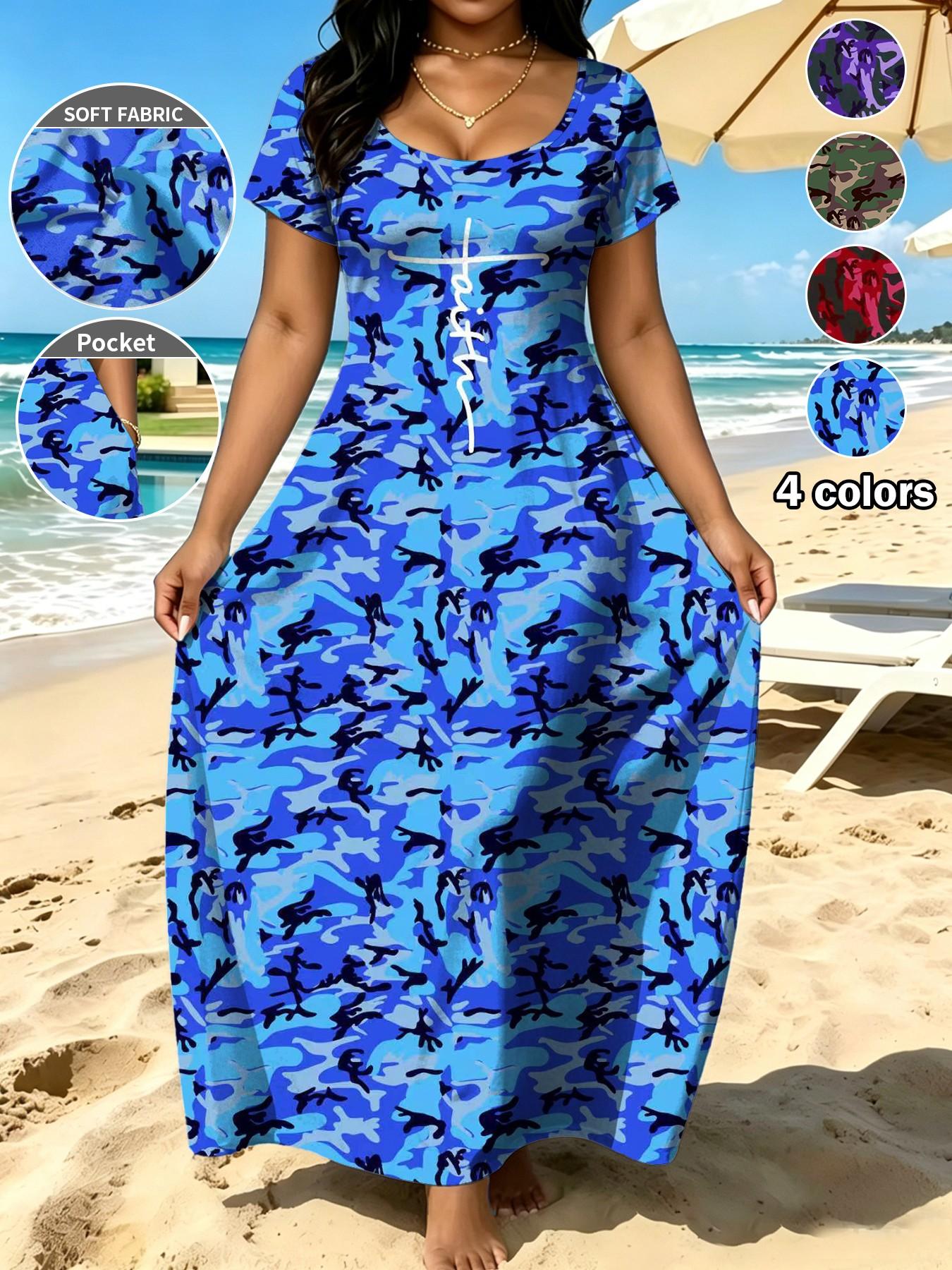 Plus Size Women's Summer Vintage Camouflage Letter Print Dress, Womenswear, Loose Fit Round Neck Long Skirt with Pockets, Casual Daily Wear