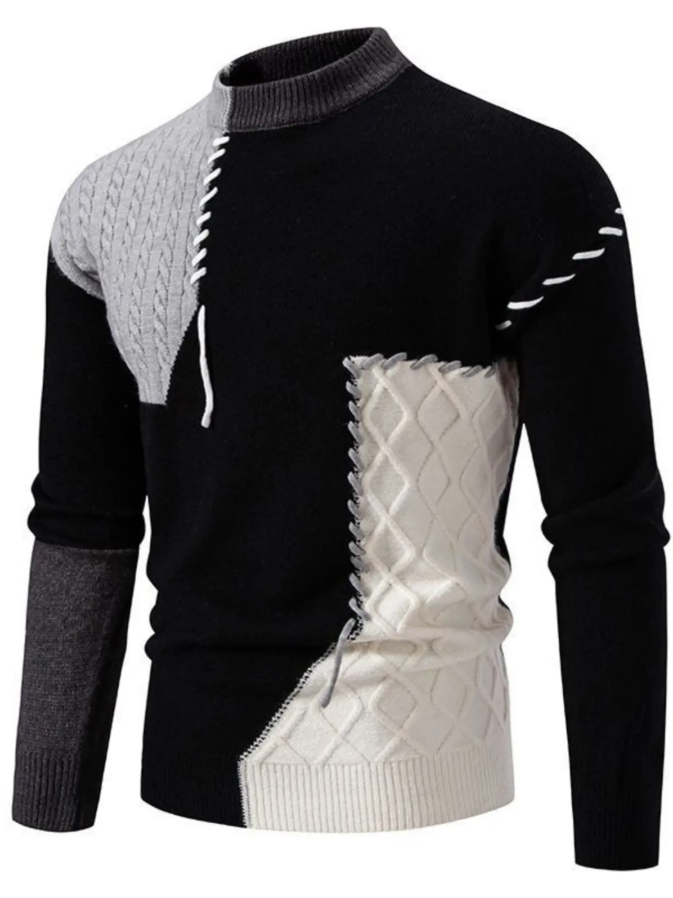 Men's Color Block Patchwork Cable Knit Sweater, Crew Neck Long Sleeve Pullover, Stitched Contrast Knitted Jumper, Soft Warm Loose Fit Top for Men Autumn Winter Casual Street Daily Wear, Polyester Knit Pullover