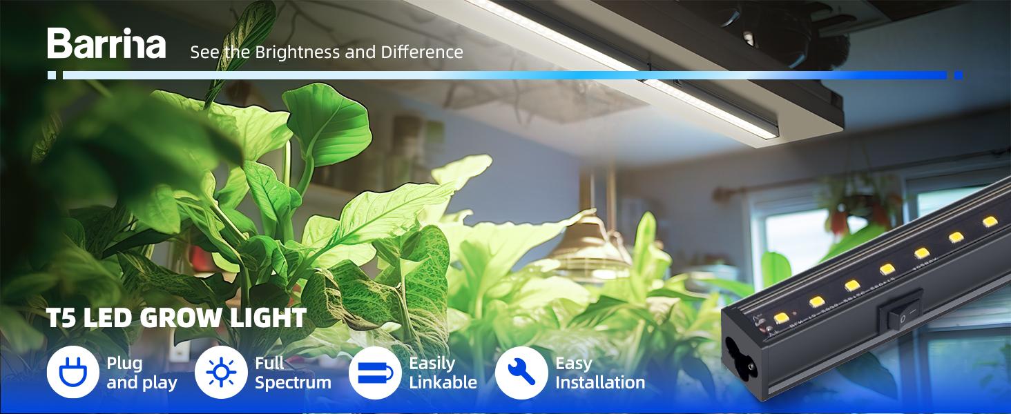 Barrina T5 Grow Lights, 1FT, Full Spectrum, 3 Mounting Modes, Magnetic Installation, Linkable, 5000K, 4 Packs, Black