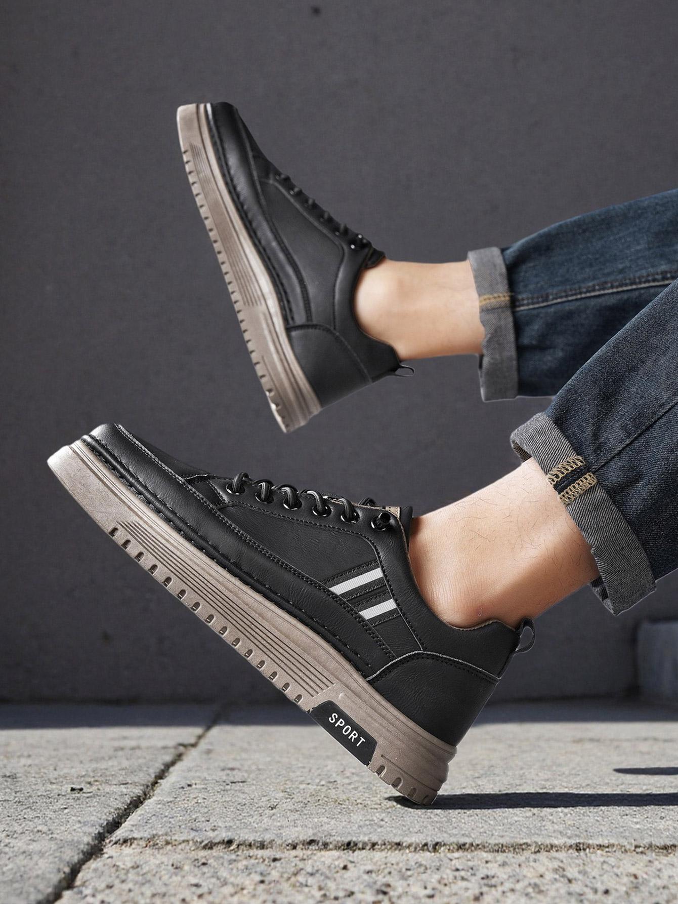 Men's Summer Thick Sole Sneakers, Simple Striped Casual Board Shoes, Soft Leather Breathable Lightweight, Height Boosting Slim Fit, Versatile Daily Wear