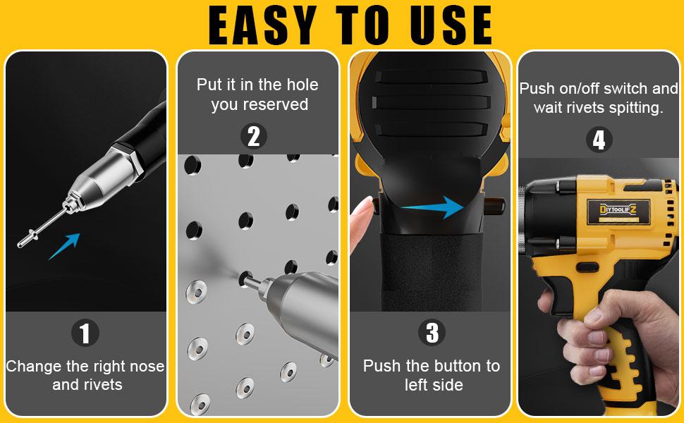 Cordless Electric Pop Rivet Gun Compatible with Dewalt 20V Battery (NO Battery!!), 3 Size (1/8", 5/32", 3/16") Aluminum Rivets, with Kit Nose Piece Hardware Tools