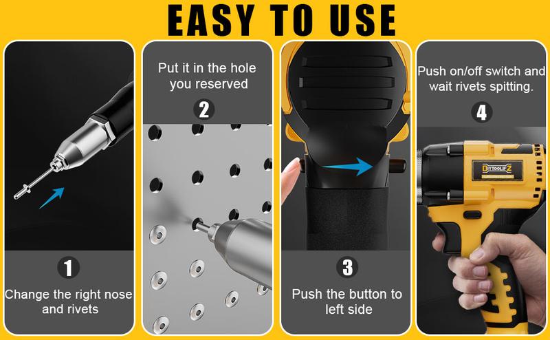 Cordless Electric Pop Rivet Gun Compatible with Dewalt 20V Battery (NO Battery!!), 3 Size (1/8", 5/32", 3/16") Aluminum Rivets, with Kit Nose Piece Hardware Tools