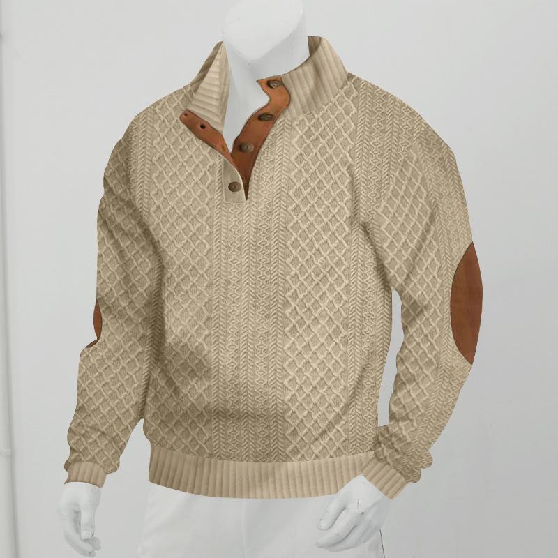 Men's Casual Long Sleeve Knit Pullover Sweater - Mock Neck, Button Collar, Elbow Patches Sports & Outdoor Top (Menswear Knitwear, longsleeves) White, Collared Neck sohochic