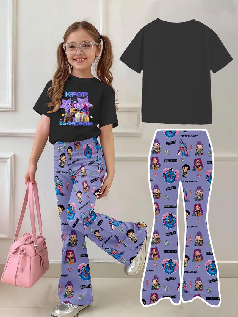 K-Pop Demon Hunters Girl Set, Y2K Sweet Cool Kpop Style, Short Sleeve T-Shirt & Derpy Huntrix Cartoon Pants