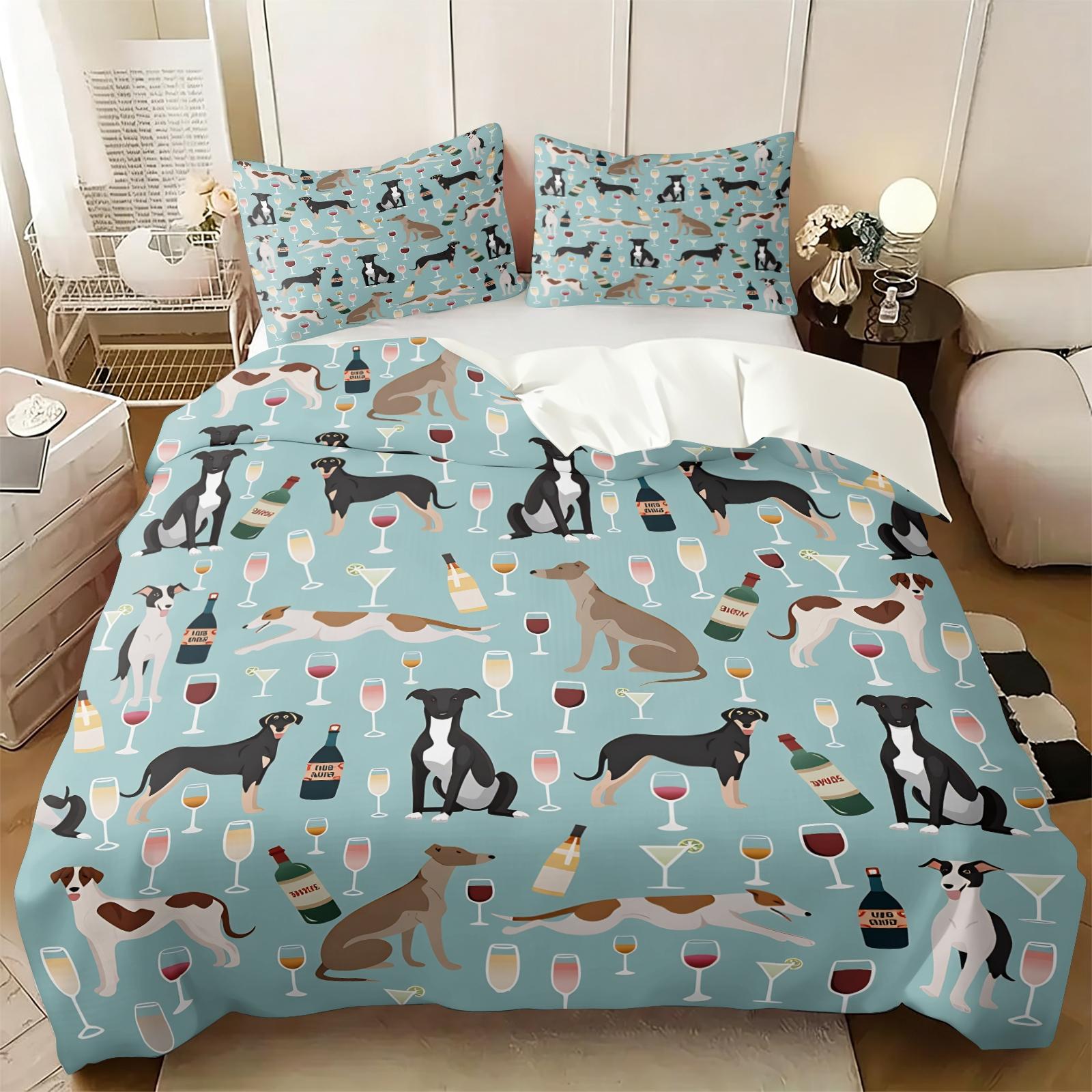 3PCS Cartoon Patchwork Dachshund Duvet Cover Set（1 Duvet Cover + 1-2 Coreless Pillowcases ), Vintage Geometric Floral Sausage Dog Pattern, Soft Comfy All Seasons Bedding Set,Ideal for Cute Pet Themed Bedroom Decor