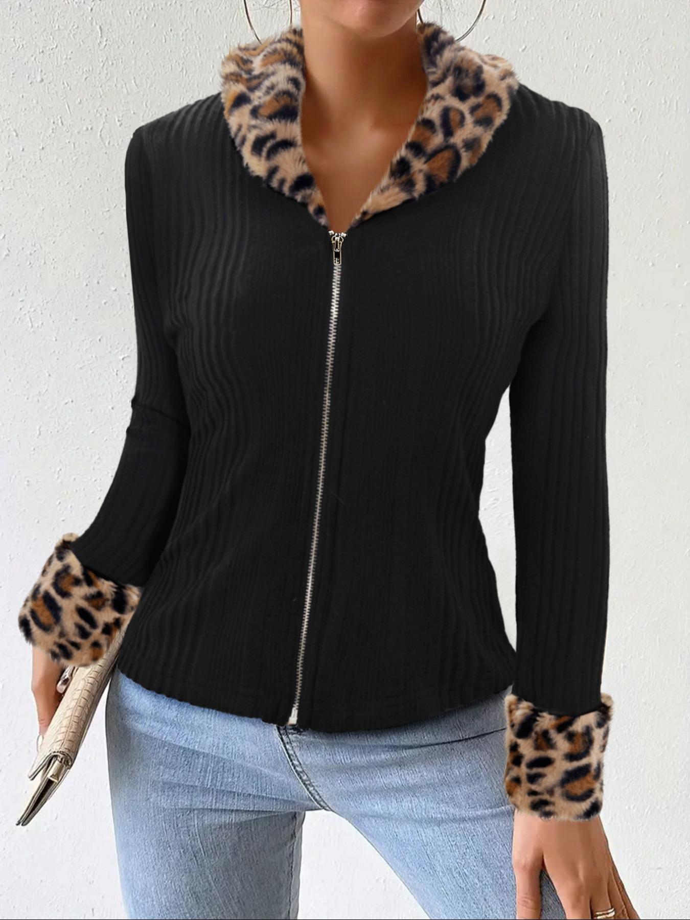 Ladies' leopard print fur collar & cuffs zipper jacket coat