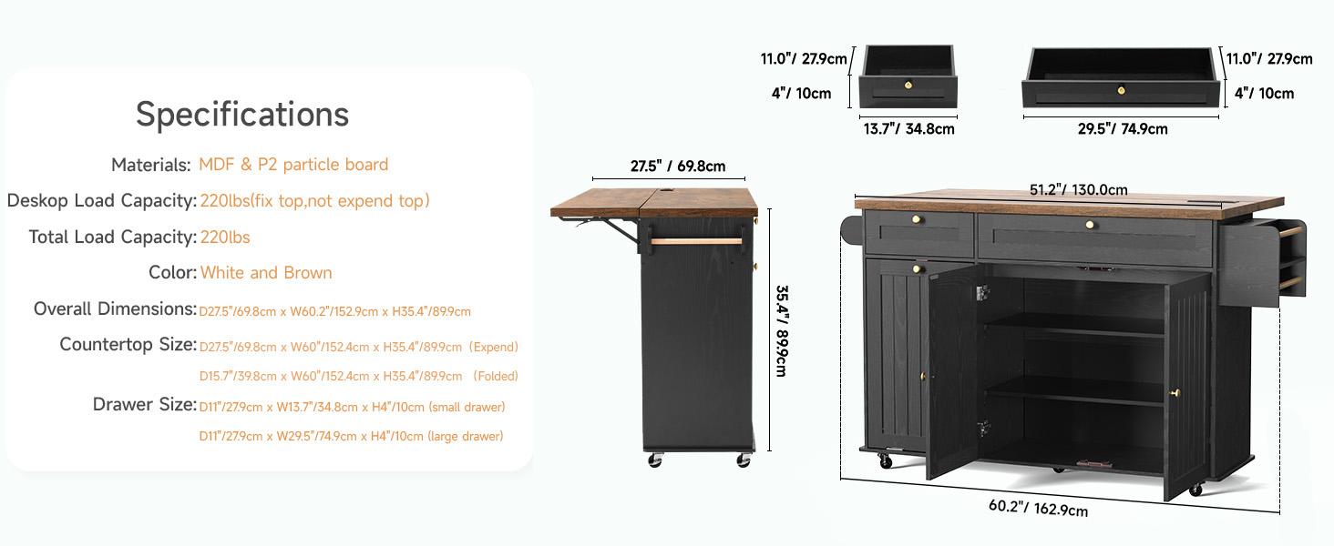 【BackToSchool】ONBRILL 60" Kitchen Island with Power Outlet & Drop Leaf, Kitchen Rolling Island with Spice Rack & Towel Rack, Knife Holder, Kitchen Island Cart with Trash Storage Cabinet, Mobile Island Table for Kitchen