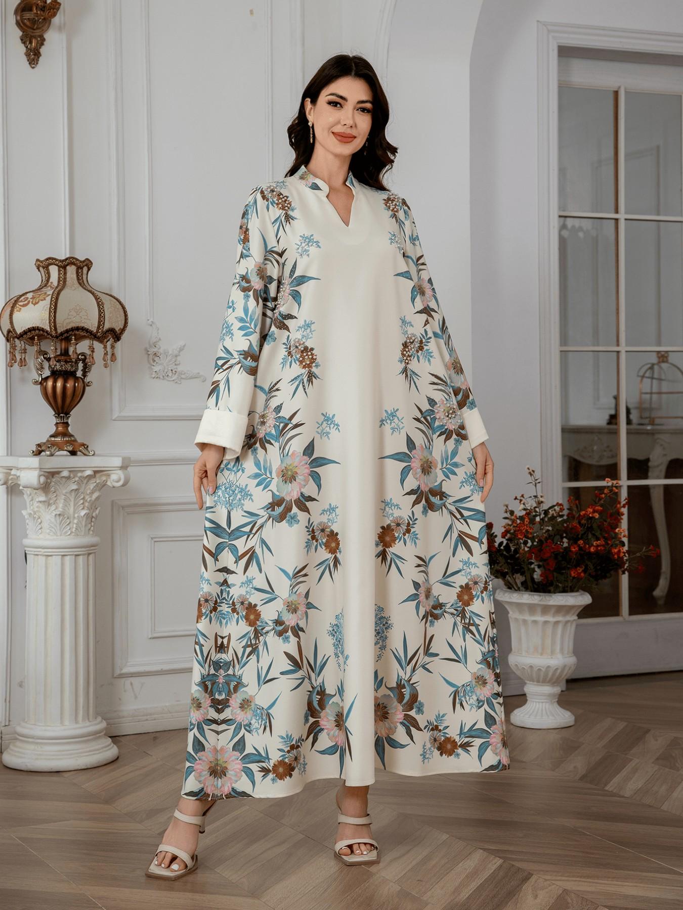 Elegant Muslim Women Long Robe Printed Dress Jalabiya, Stylish Floral Pattern, Comfortable and Chic, Perfect for Daily Wear
