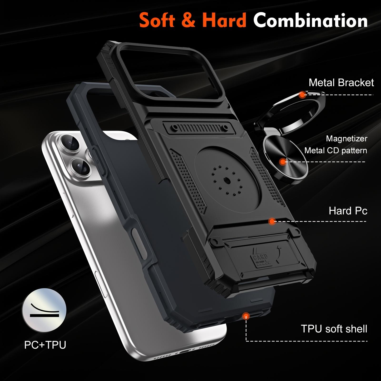 Heavy-Duty Shockproof Hard Case for iPhone 13 14 15 16 E 17 Pro Max Plus, Hidden Dual Card Slot Design with Rotating Metal Stand, Card Holder Protective Cover