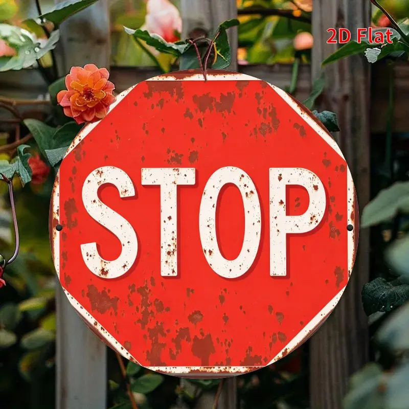 1PC 2D Plane Retro Style 20.32x 20.32cm Round Iron Stop Sign Wall Decor - Vintage Metal Sign, Red and White Traffic Sign with Weathered Surface, Vintage Garage Signs Suitable for Bars, Coffee Shops, American Themed Restaurants, Retro Home Decor
