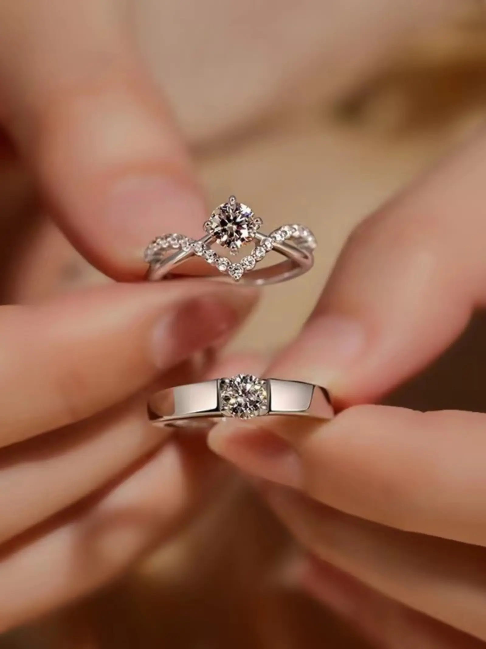 2 Piece Set Artificial Cubic Zirconia Wedding Rings, Adjustable Open Style Couple Engagement Rings, Perfect Casual Party Fashion Jewelry Gift