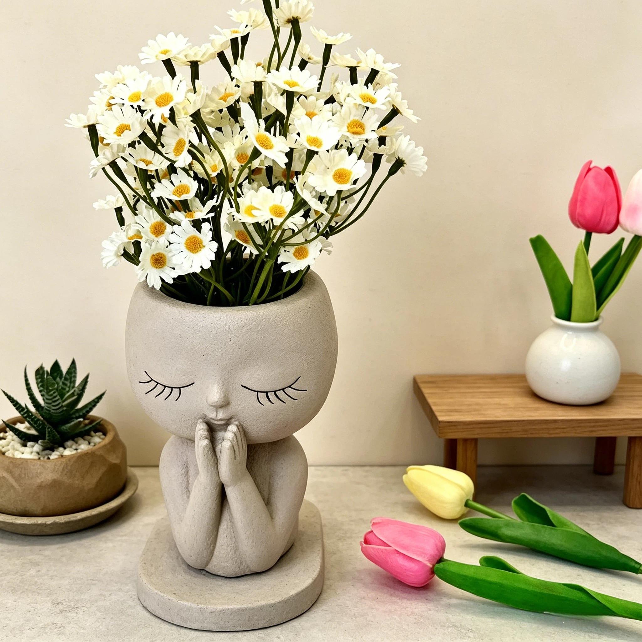 Closed Eyes Girl Vase Resin Decorative Piece, Nordic Style Creative Desktop Floral Decoration, Home Soft Furnishing Essential