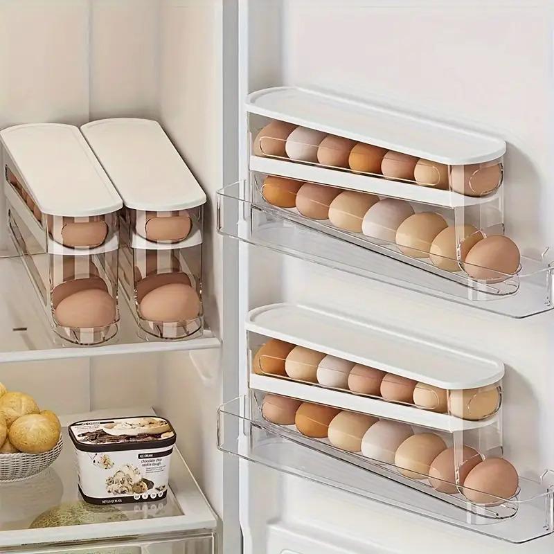 Double layer rolling egg storage box | Refrigerator side door space saving organizer | Durable polypropylene | Transparent, stackable design with easy to open lid | Perfect for home use, refrigerator egg rack