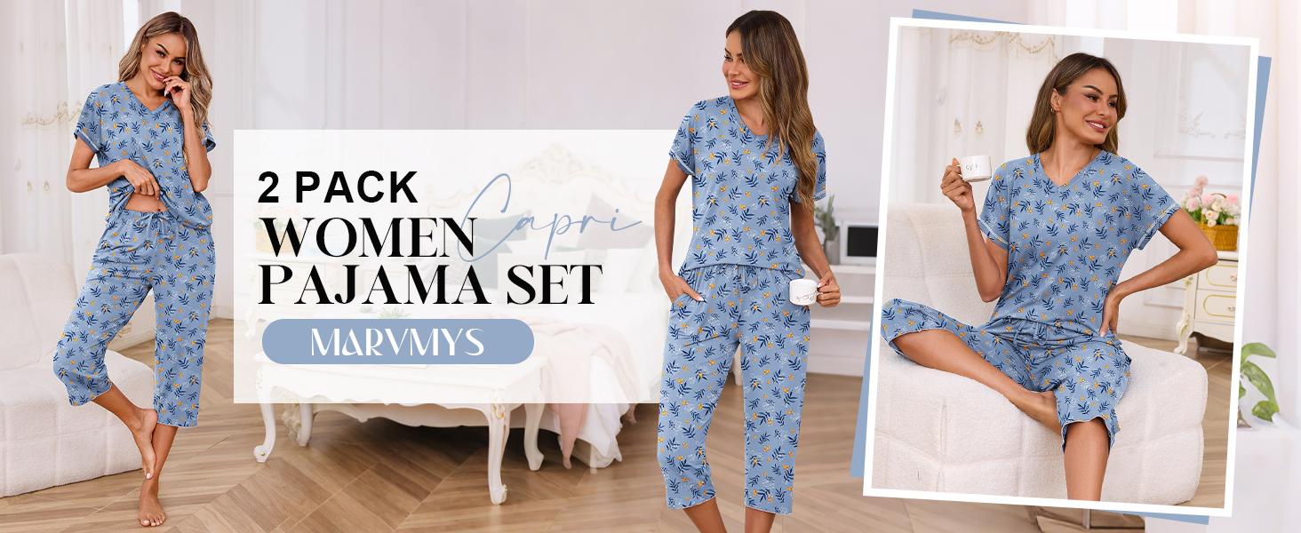 Marvmys Womens 2 Pack Pajama Sets Short Sleeve Pajamas Tops and Capri Pants Pjs Print Lounge Sets with Pockets S-3XL Loungewear Nightwear