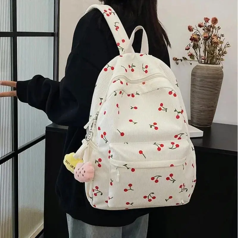 Corduroy Backpack Cherry Pattern Women Travel Daypack Adjustable Strap Laptop Backpack Zipper for Work Shopping School mochilas