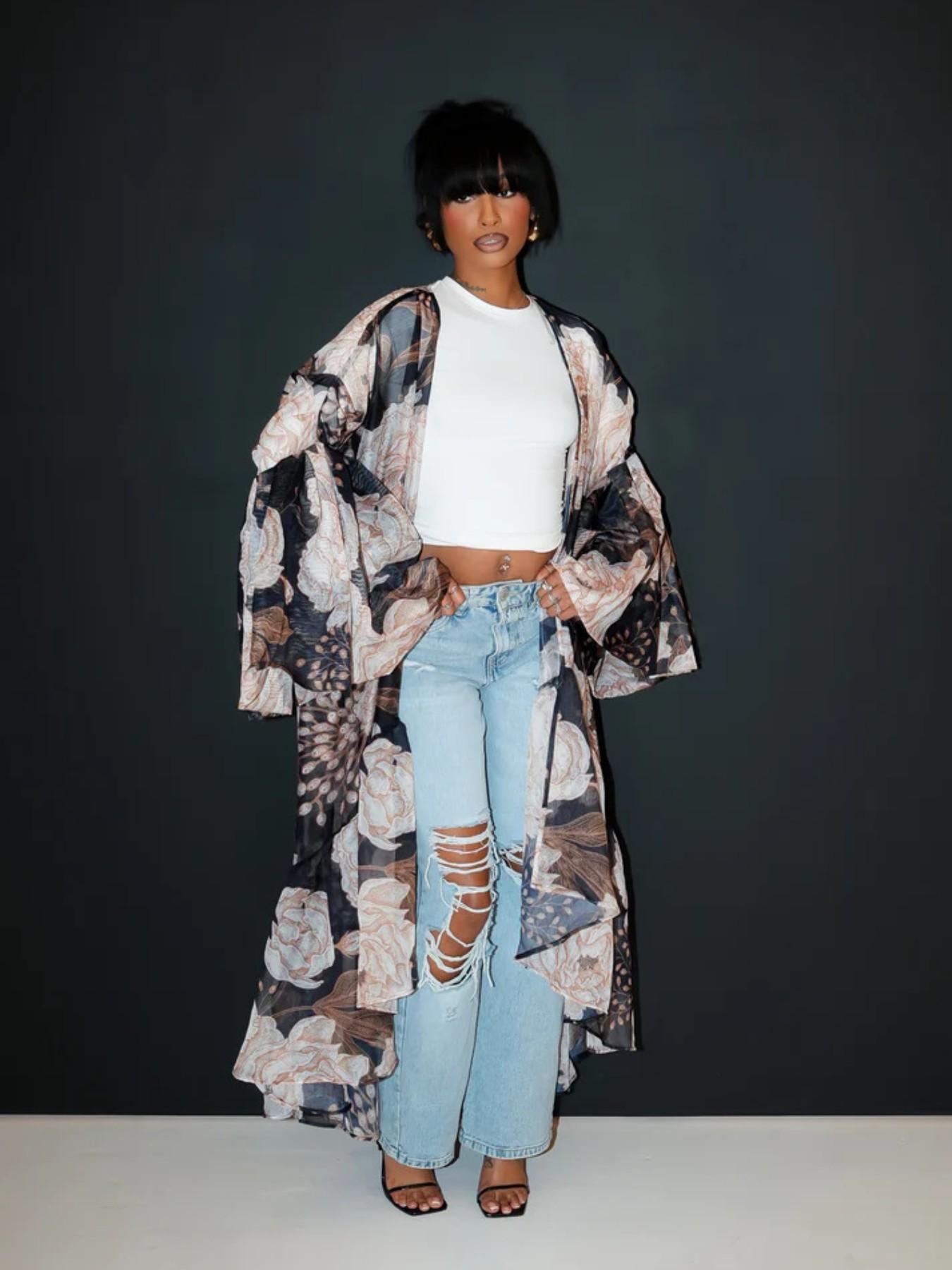 Women's Vacation Casual Bohemian Spring Summer Lantern Sleeve Asymmetrical Hem Long Floral Print Outerwear Cardigan Dress, All Seasons Fashion Clothes