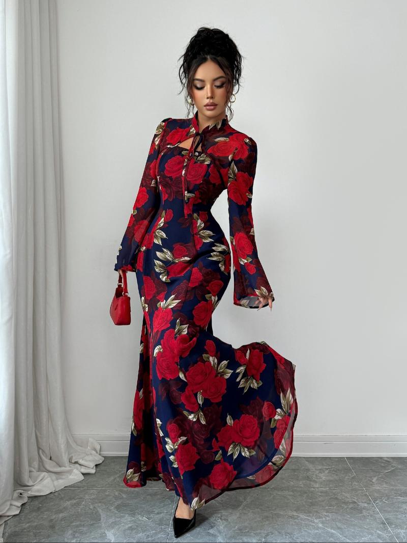 Fashion Elegant Floral Print Stand Collar Tie Waist Long Dress, Fitted Long Sleeve, Fall Season, Women's Clothing