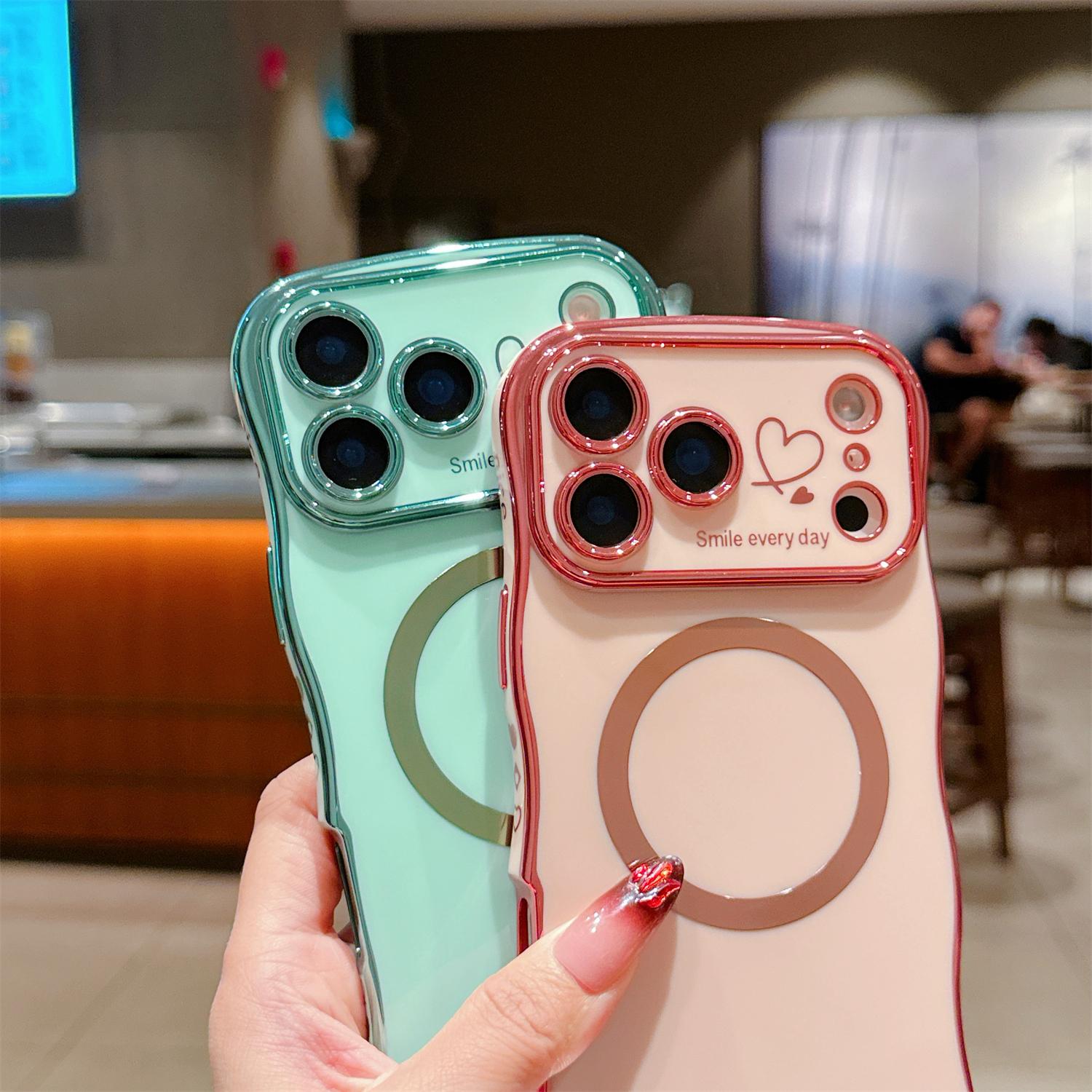 For iPhone 17 Pro Max 16 15 14 12 Case Magnetic,for Women Girls Soft Cute Wave Frame Curly Shape Love Heart Luxury Plating Phone Case Compatible with MagSafe Shockproof Back Cover