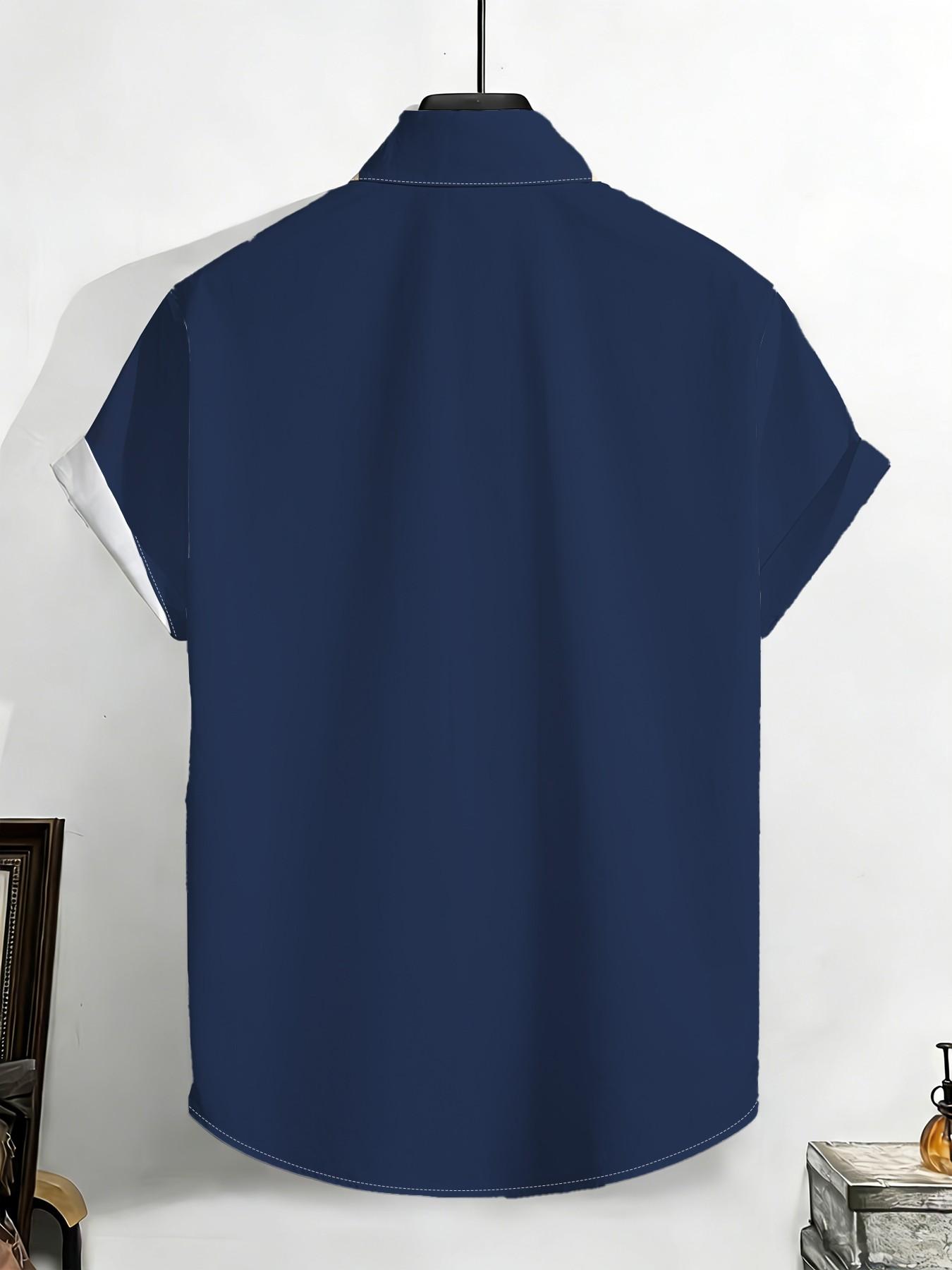 Large Size Men's Blue Block Plaid Striped Shirt, Summer Loose Fit Breathable Short Sleeve Shirt, Plus Size American Vintage Casual Top