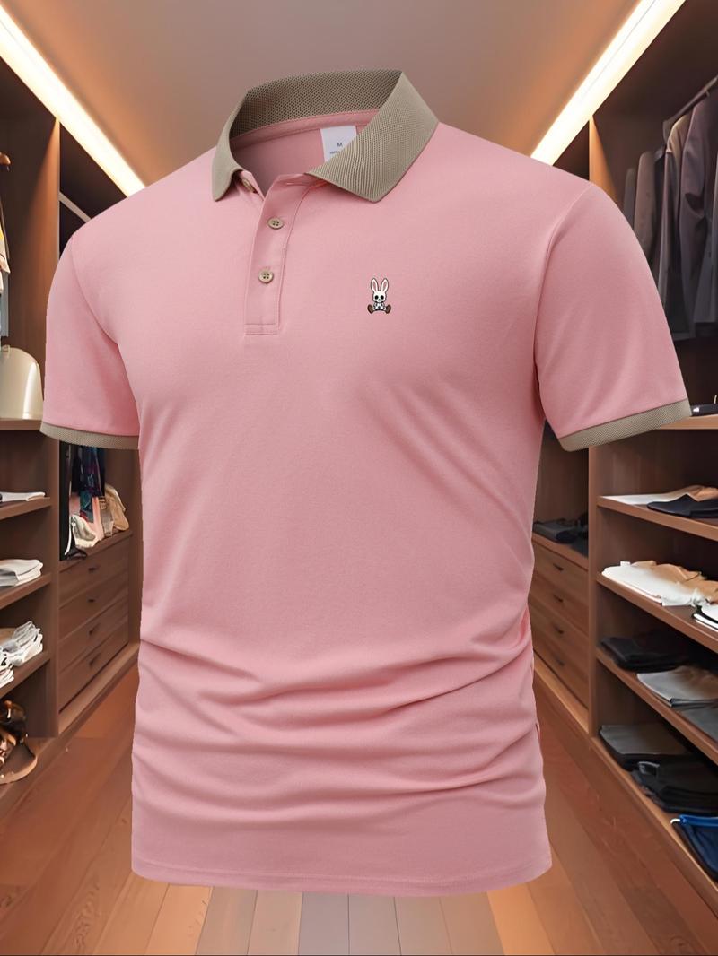 Men's Regular Fit Rabbit Print Polo Shirt, Casual Short Sleeve Collared Top for Summer, Fashion Men's Clothes for Daily Wear, Tropical