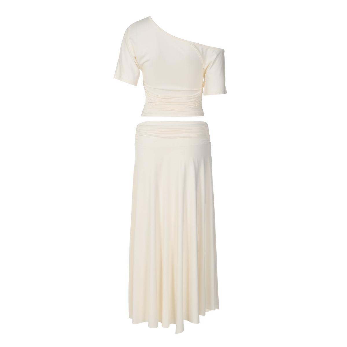 Women's Two-piece Set, Clothes, Solid Color One Shoulder Ruched Short Sleeve T-shirt Top & Bodycon Irregular Hem Long Skirt, Sexy Strapless Backless Tees Crop Top with Ruffles Skirts, Ladies Party Club Date Daily Casual Summer Outfits