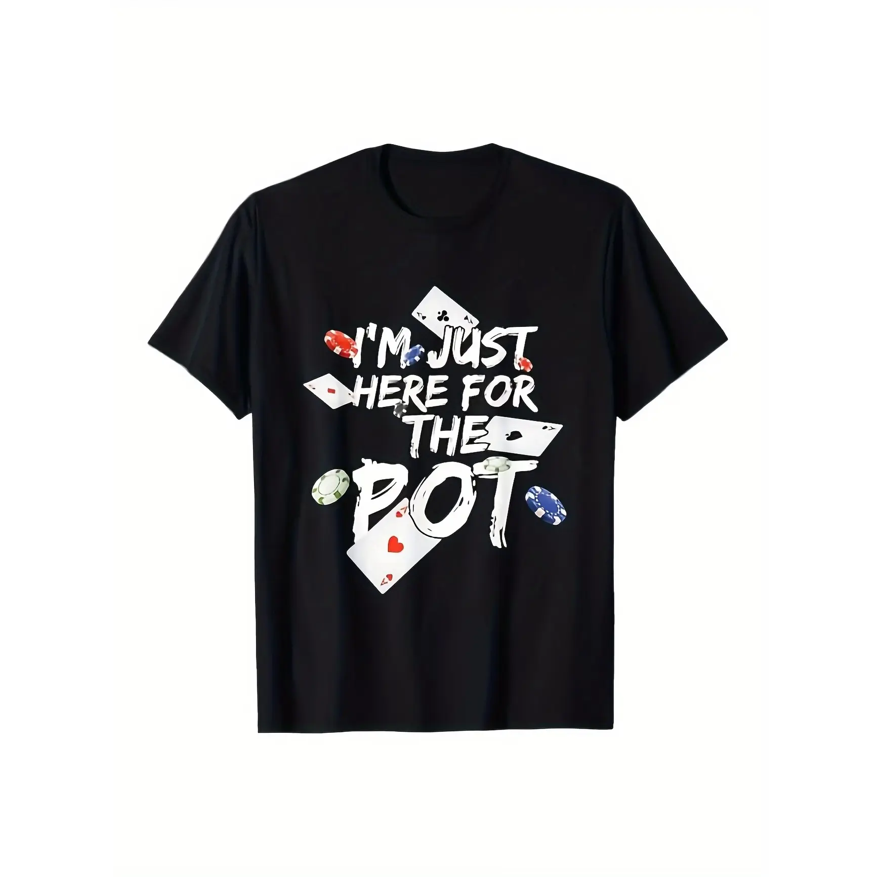 Men's Casual Breathable Short-Sleeve Oversized Cotton T-Shirt, Poker Cards Chip "I'm Just Here For The Pot" Graphic, Menswear Tops, Valentine's Day Gift For Poker Lovers