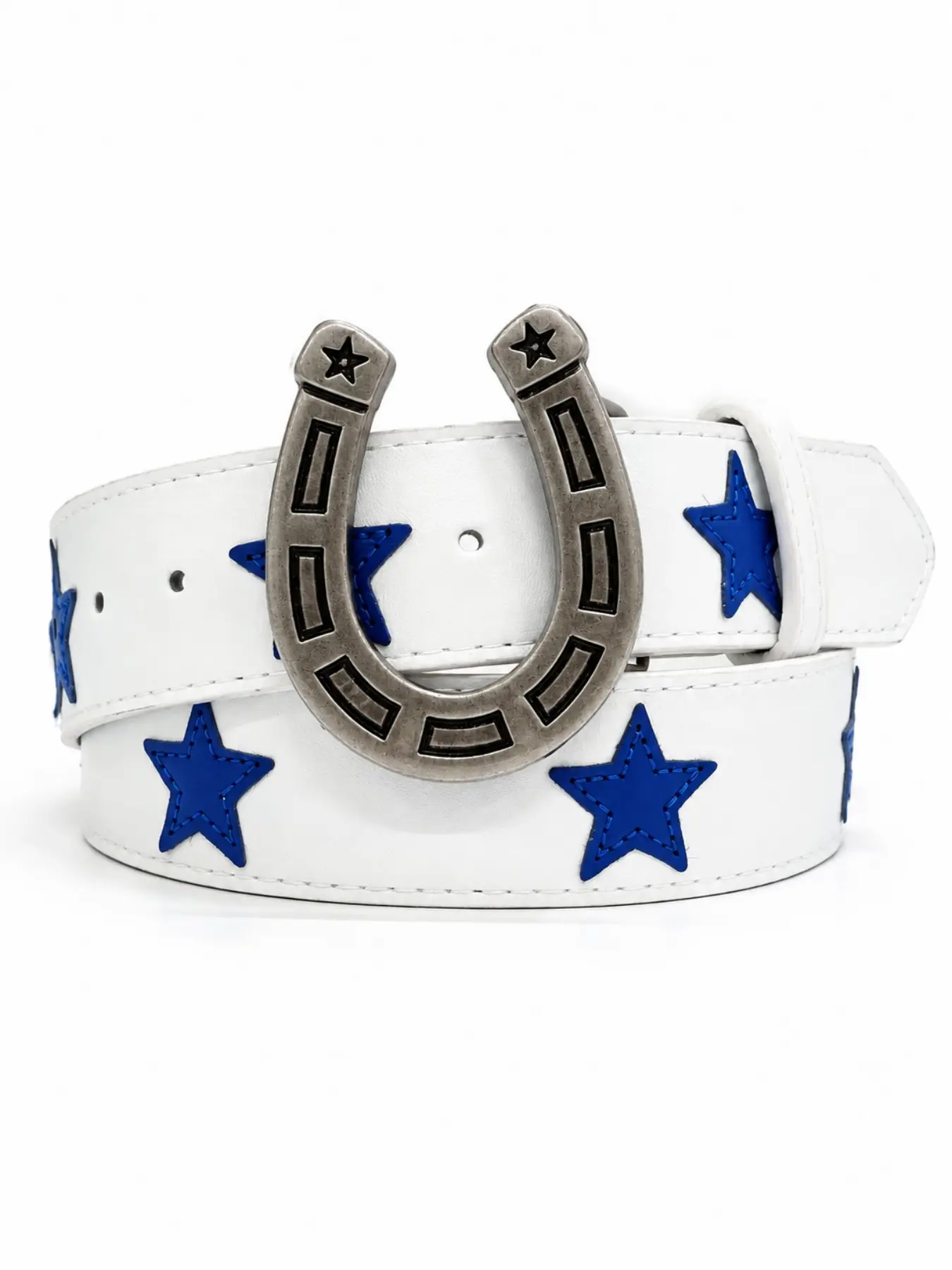 Vintage Horseshoe Star Belt, Blue Star Rivet Decoration, Horseshoe Buckle Design, Western Style Fashion Belt, Trendy Leather Belt
