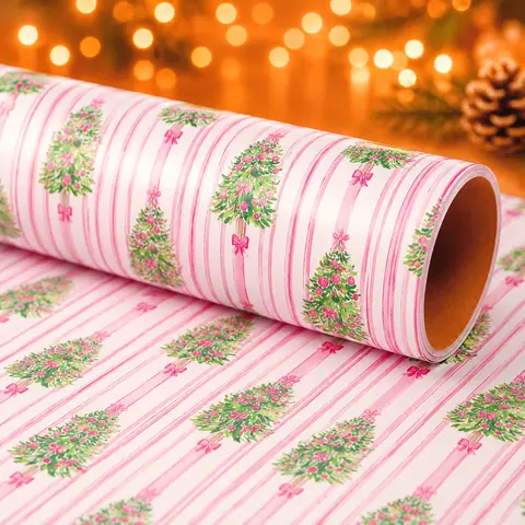 17in*9.8FT Pink Christmas Wrapping Paper Roll, Vintage Christmas Tree Gift Wrap Paper with Bow Ribbon and Stripe Pattern, Holiday Wrapping Paper for Christmas Gifts, Party Decoration, DIY Crafts and Creative Gift Packaging