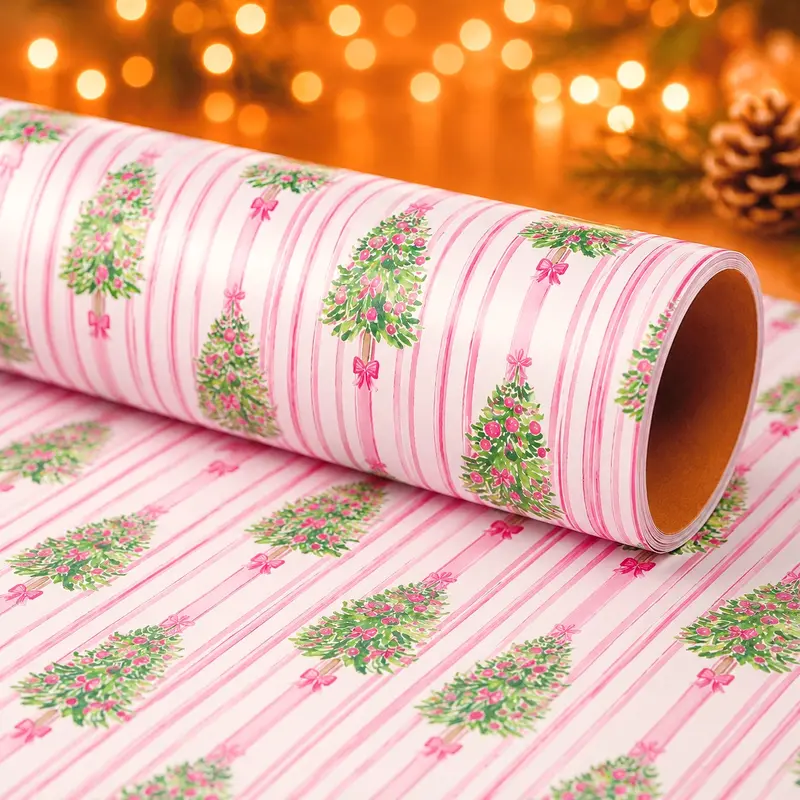 17in*9.8FT Pink Christmas Wrapping Paper Roll, Vintage Christmas Tree Gift Wrap Paper with Bow Ribbon and Stripe Pattern, Holiday Wrapping Paper for Christmas Gifts, Party Decoration, DIY Crafts and Creative Gift Packaging