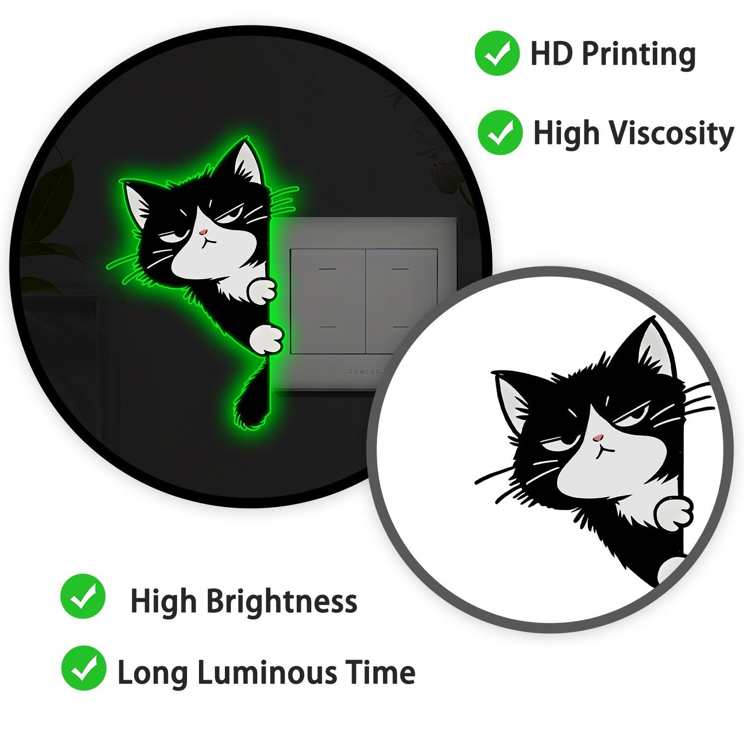 2 Pack Glow-In-The-Dark Cat Switch Wall Sticker, Luminous Waterproof Kitty Pattern Decals, Fun Decor for Bedroom & Living Room