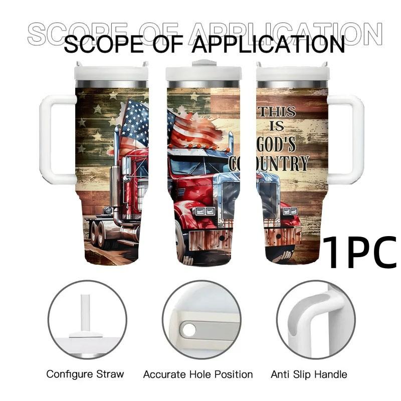 1pc 40oz American Truck Theme Insulated Cup with Handle, Stainless Steel Flag Cup, Straw Cup, Patriotic Gift for Truck Drivers