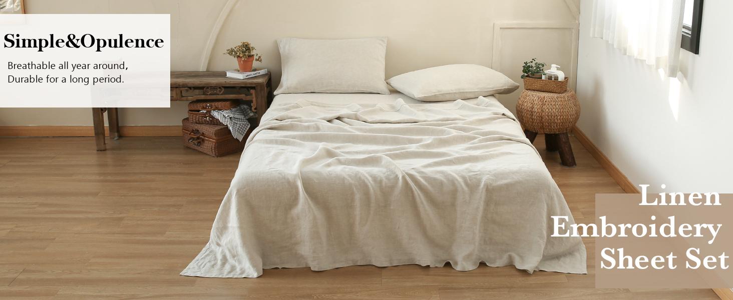 Simple&Opulence 100% Washed Linen Sheet Set, Natural France Flax Bed Sheet, Breathable,Ultra Soft,Farmhouse Bedding, Flat Sheet, Fitted Sheet, Pillowcase