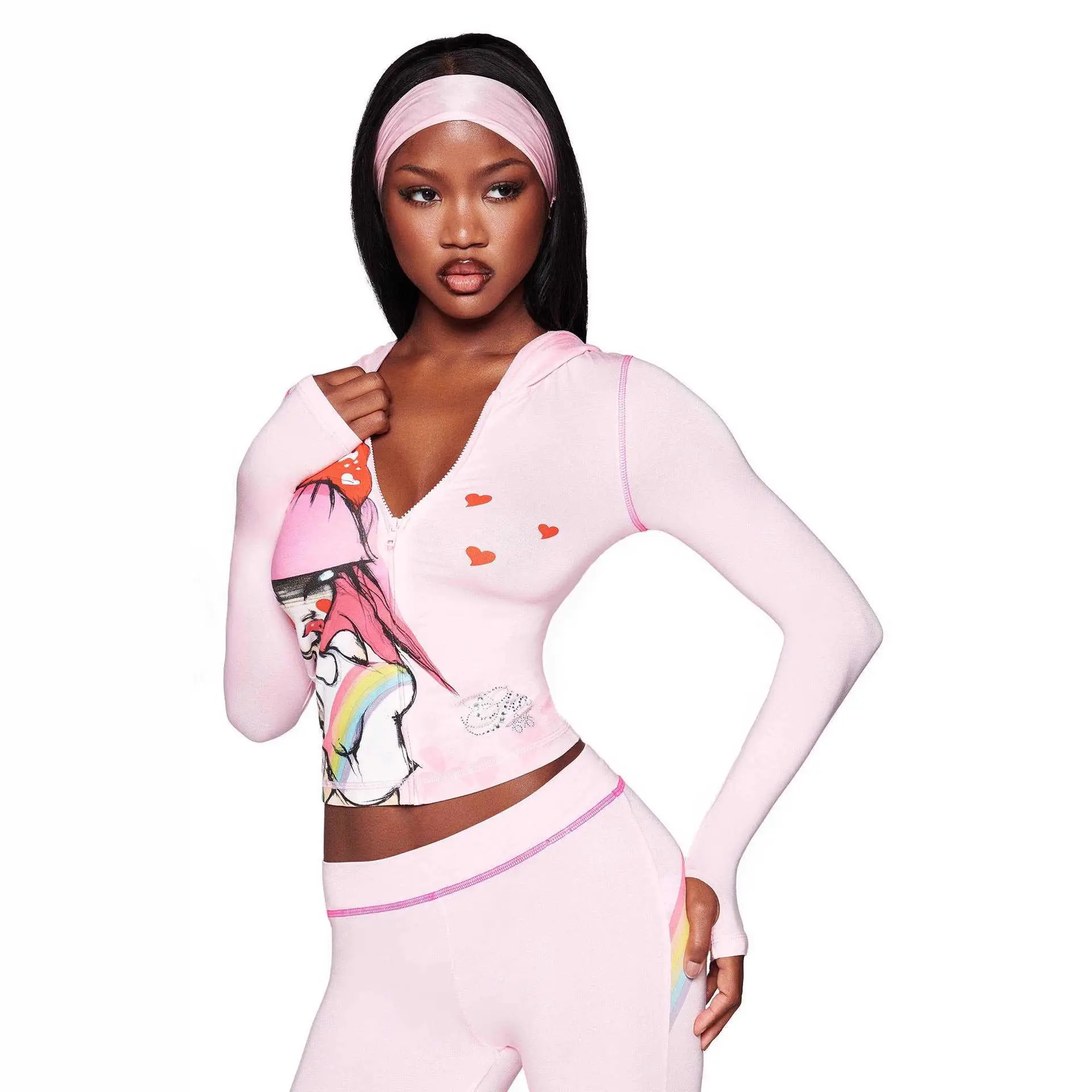 Women 2026 Fall Cute Cartoon Print Zip Up Hoodie Low Waist Sweatpants 2 Piece Tracksuit, Casual Trendy Matching Co Ord Set, Comfort Streetwear Loungewear Outfit For Daily Travel Dating Going Out