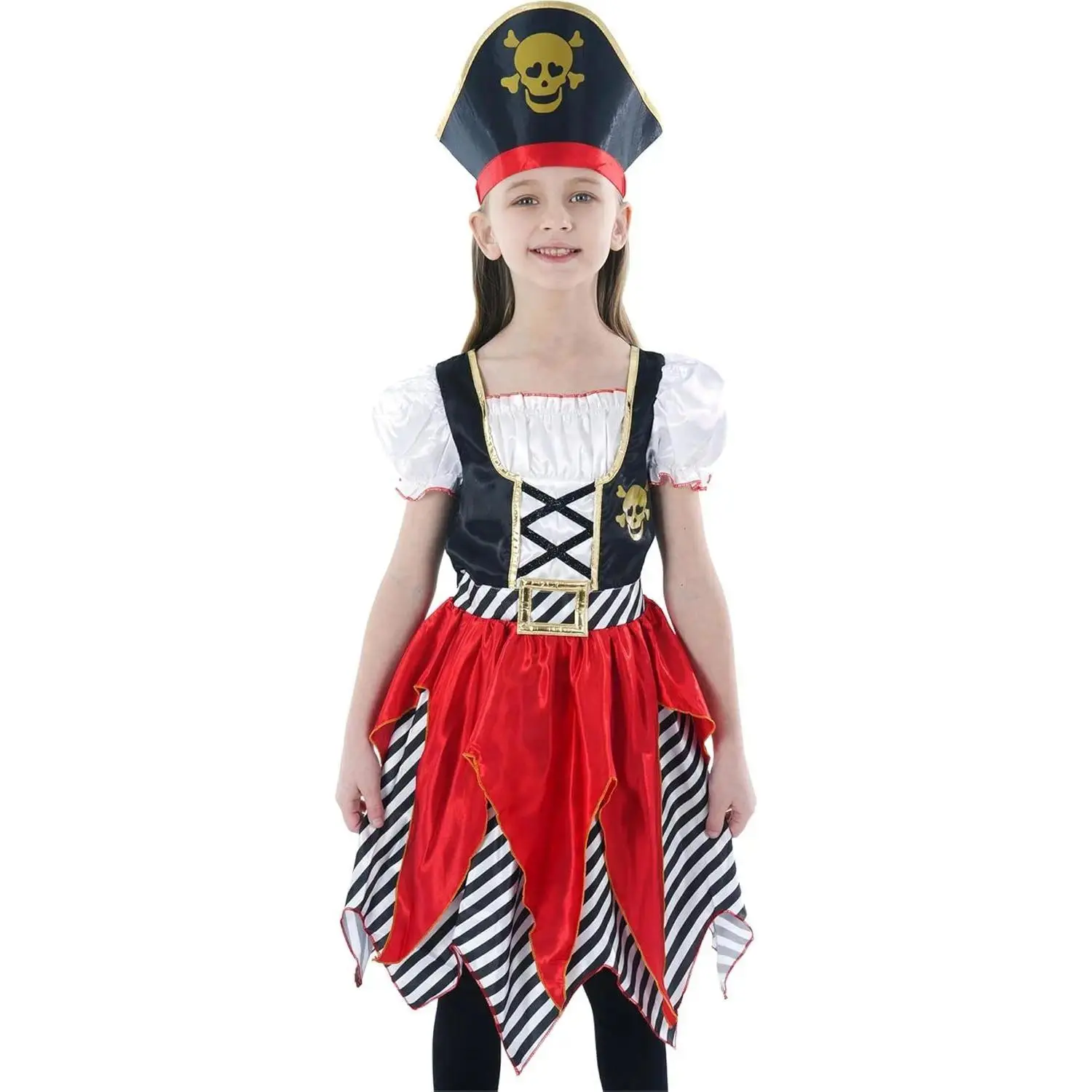 Girls' Pirate Theme Dress Costume - Plain Base, Lace-Up Bodice, Puffed Sleeves, Double-Layer Skirt, Skull Print Hat for Halloween Party Dress Up
