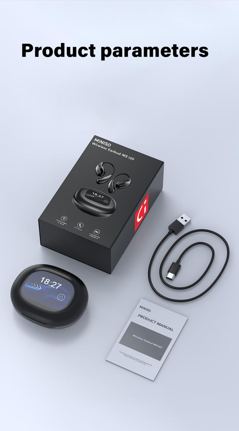 MINISO MS189 Translator Wireless earbuds Open Ear Bluetooth Earphones,Stereo HIFI Sound Earphones,LED Lights Touchscreen,Up to 48 Hours Power with Case,Ergonomic Ear Hooks,Ultra-Comfort Wireless Headphones,For Gym Running Workout