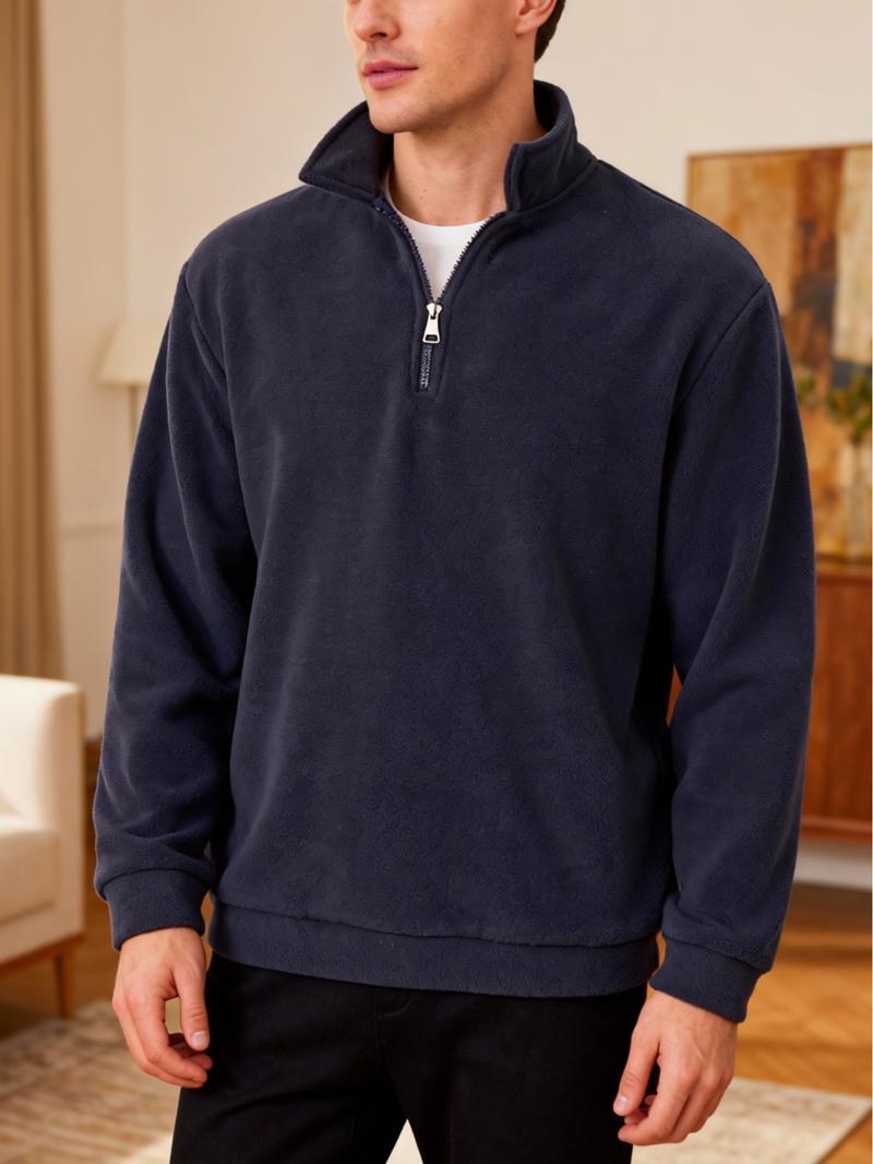 Men's Fall Winter Outfits Plain Polar Fleece Stand Collar Half Zip Pullover Long Sleeve Sweatshirt for Daliy Wear, Old Money Style Casual Versatile Essential Wardrobe Item.